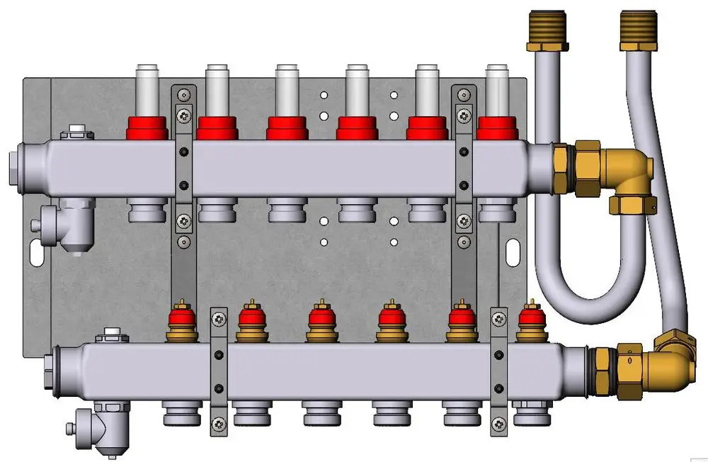Danfoss Verteiler mit mehreren Anschlüssen, zur Verteilung von Heizungswasser, montiert auf einer Metallplatte. Sichtbare Ventile und Verbindungen für Rohrleitungen.